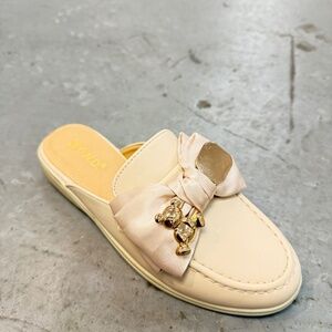 Mules for Women Flats Bow Toe Slip On Slides Loafer with Gold Accent and Comfort